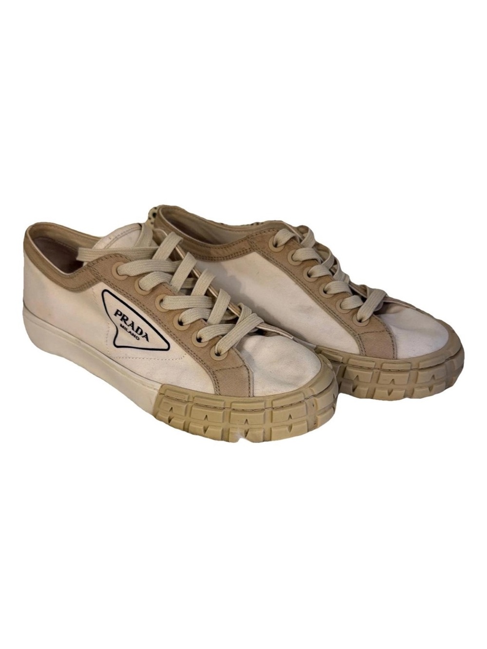 Prada women’s White & Tan Canvas Low-Top Sneakers 37.5